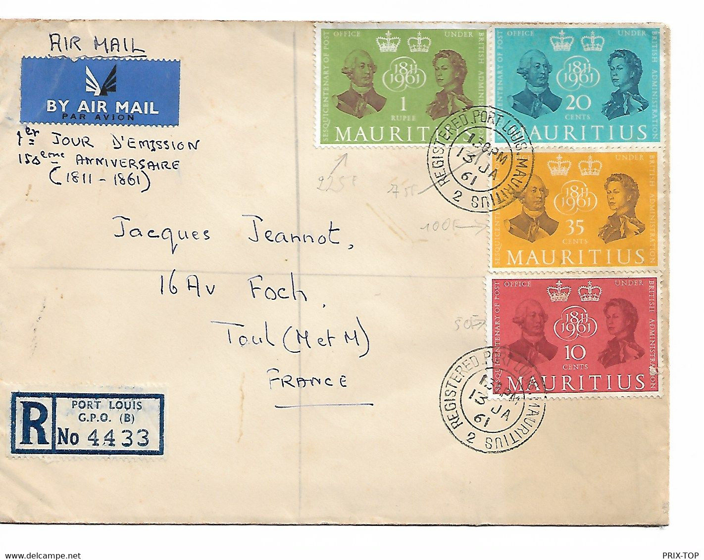 REF4587/ Mauritius Air Mail Cover' C.Registered Port Louis Mauritius 13/1/1961 > France Toul Arrival Cancellation - Maurice (...-1967)