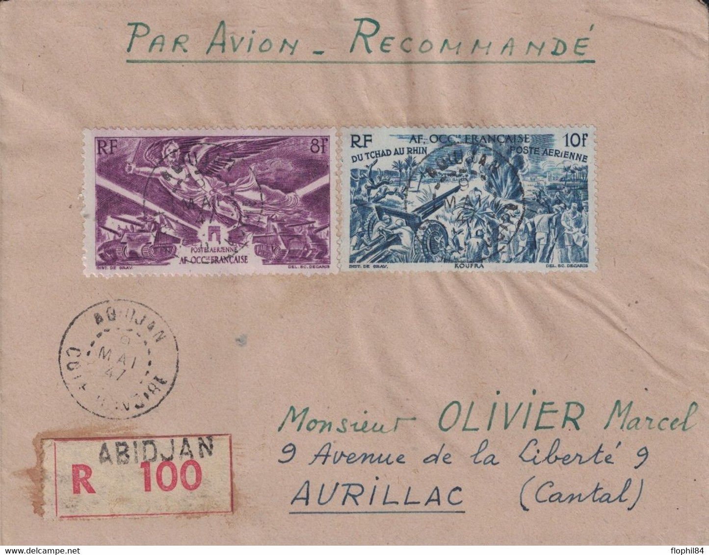 COTE D'IVOIRE - ABIDJAN - LETTRE RECOMMANDEE AVEC BEL AFFRANCHISSEMENT POUR LA FRANCE - LE 25 MAI 1947. - Cartas & Documentos