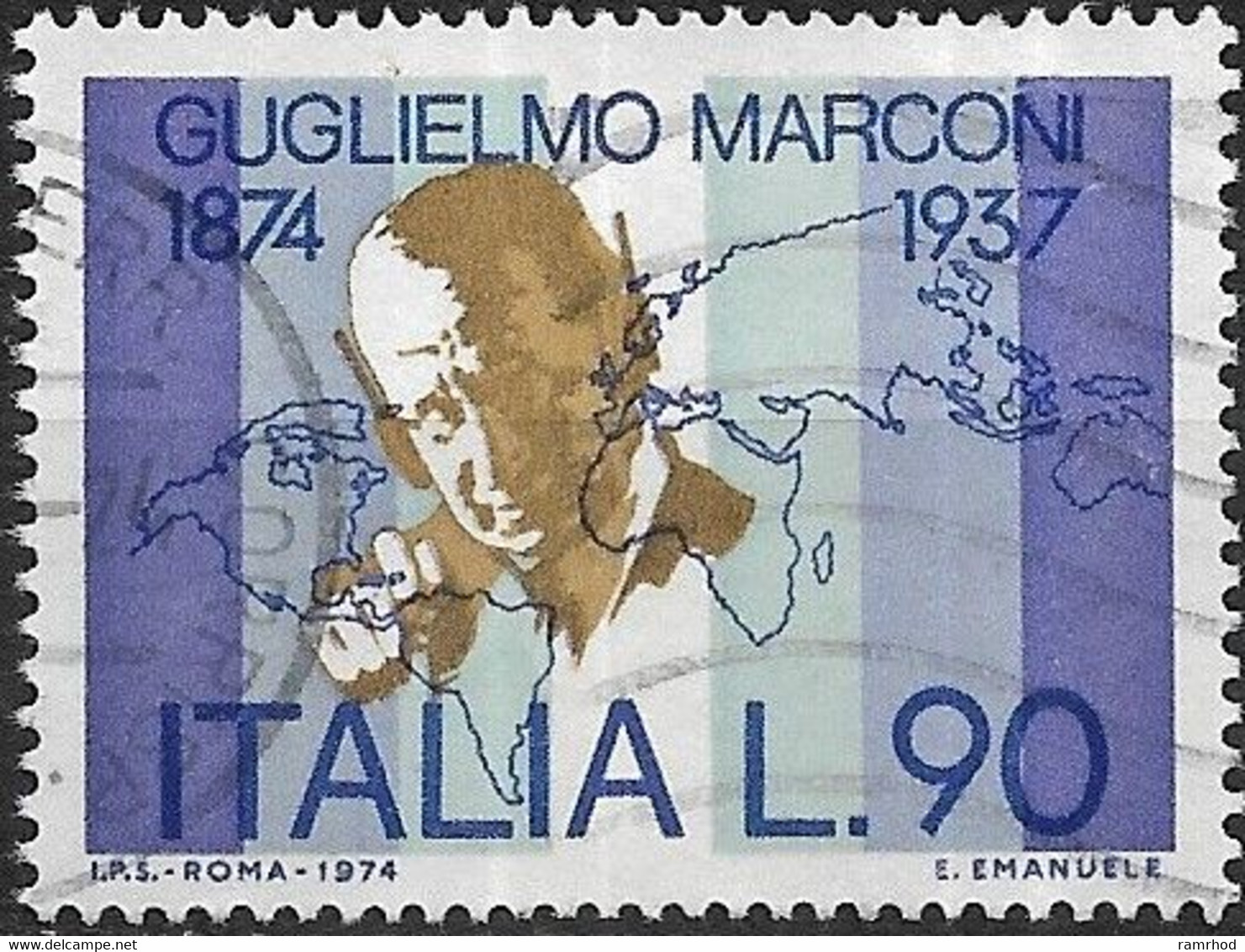 ITALY 1974 Birth Centenary Of Guglielmo Marconi (radio Pioneer) -  90l. Marconi And World Map FU - 1971-80: Used