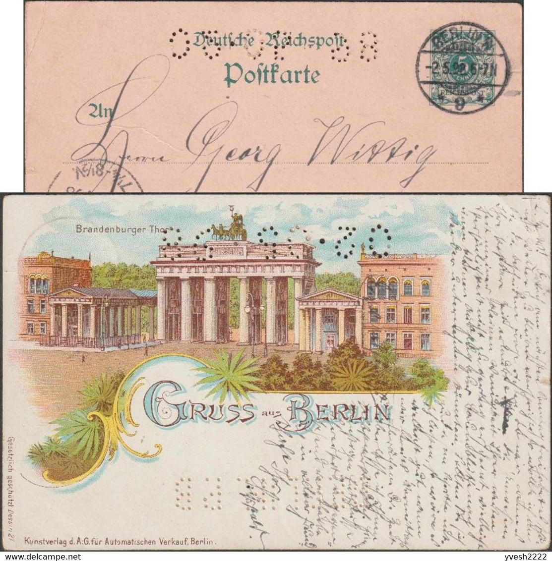 Allemagne 1898. Entier Postal TSC. Berlin PB, Carte Perforée Dont Date. Vendue En Distributeurs Automatiques. RRRR - Perforadas