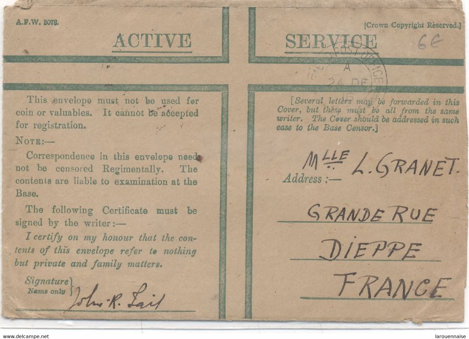 GRANDE - BRETAGNE : CORRESPONDANCE MILITAIRE - ENVELOPPE D'HONNEUR Pour LA FRANCE  ( DIEPPE) - Variétés, Erreurs & Curiosités