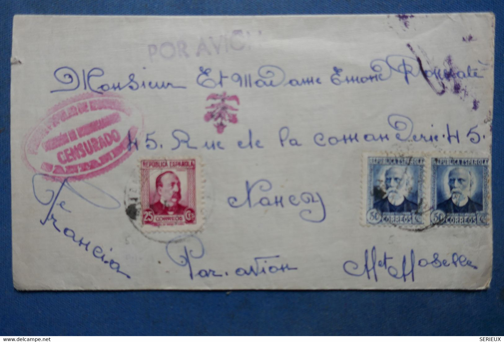 L19  ESPAGNE BELLE LETTRE CENSUREE RARE  1937 GUERRE CIVILE     POUR  NANCY FRANCE + PAIRE T.P  + AFFRANCH INTERESSANT - Marques De Censures Républicaines