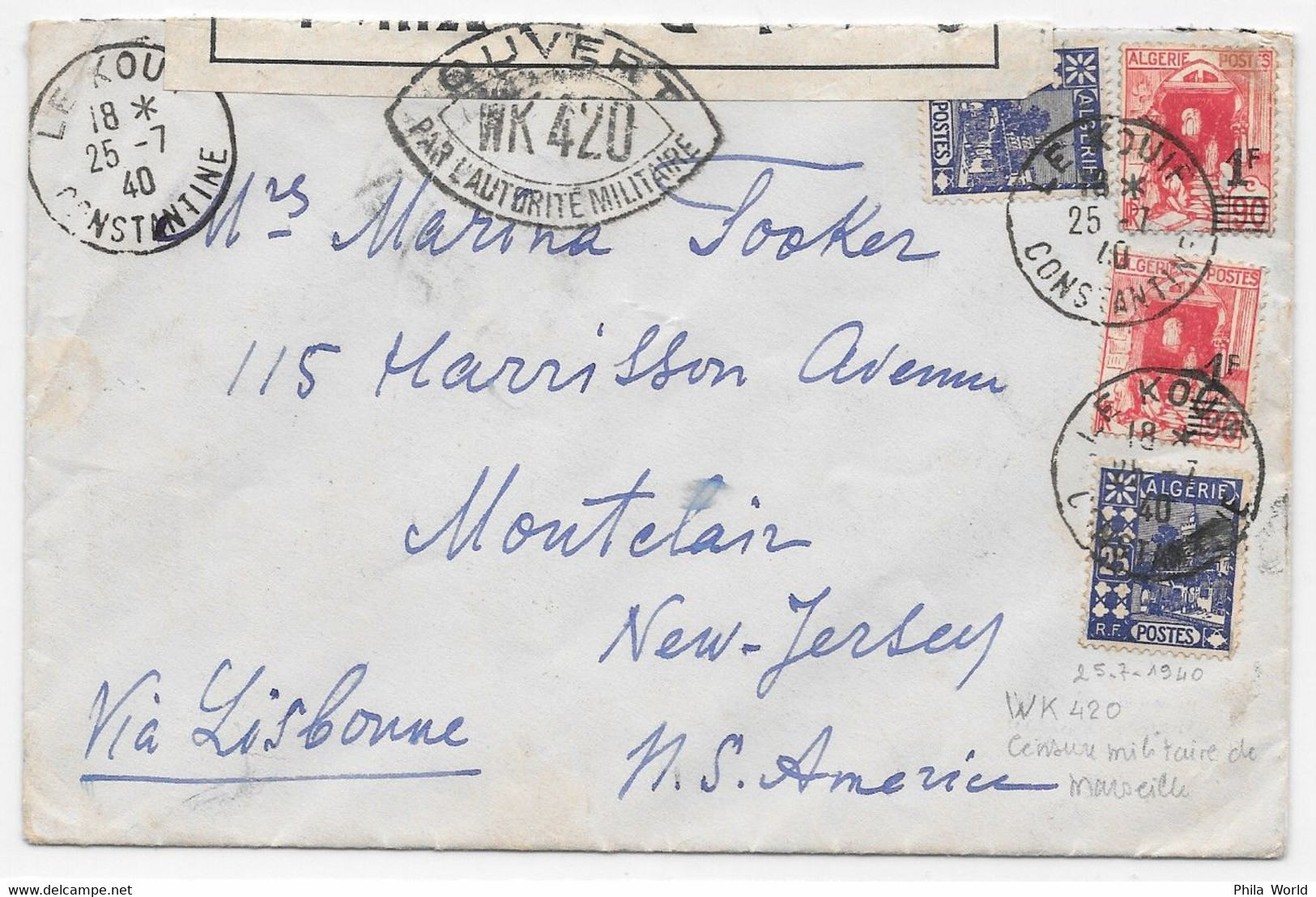 ALGERIE WW2 1940 French Marseille WK 420 Censored Cover LE KOUIF CONSTANTINE > USA Censure CONTROLE POSTAL MILITAIRE - Lettres & Documents