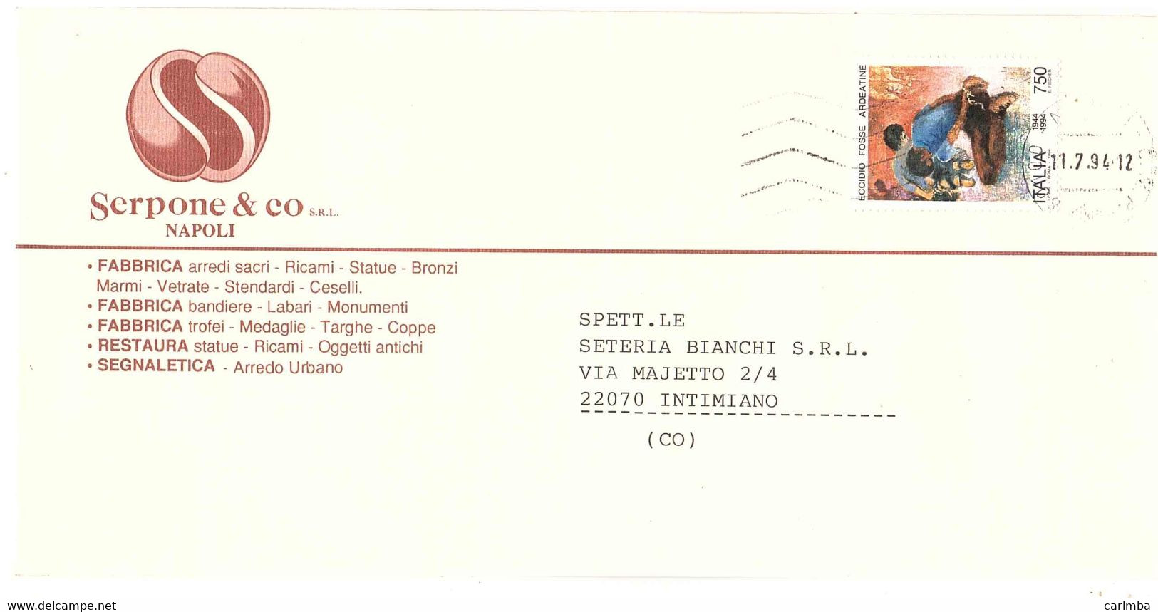 1994 £750 ECCIDIO FOSSE ARDEATINE BUSTA SERPONE NAPOLI - 1991-00: Storia Postale