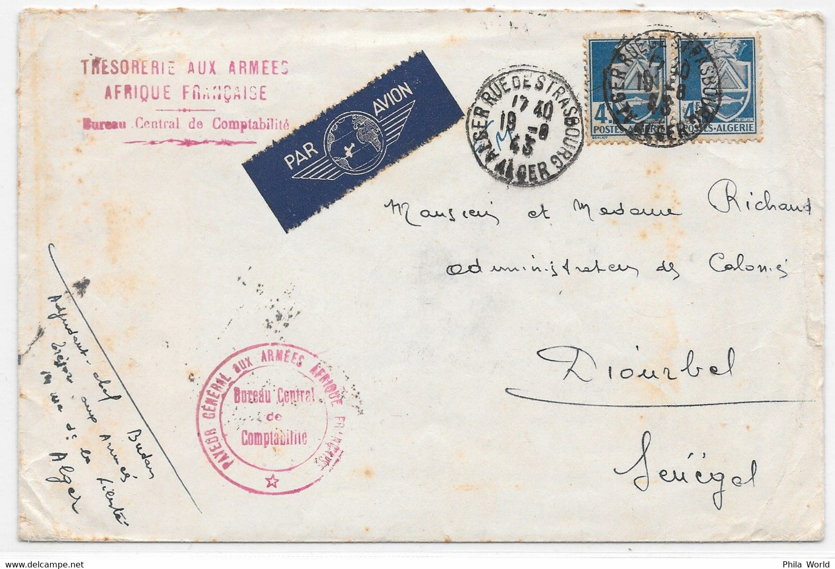 ALGERIE WW2 FRANCE LIBRE 1943 Trésorerie Armées Afrique Française Payeur Général Comptabilité ALGER > SENEGAL PAR AVION - Cartas & Documentos