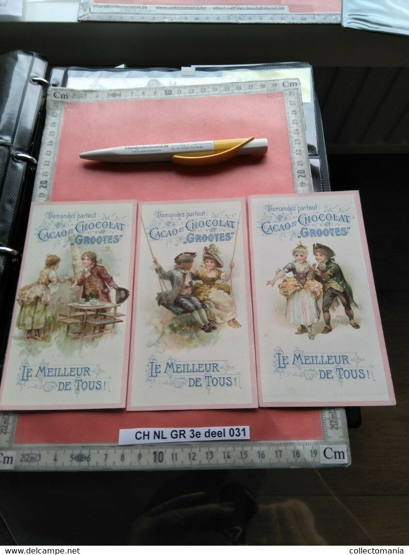 3 Litho Cards 1895 GROOTES Cocoa Chocolate 15X8cm Couple Mode Around 18th Century, Thick Cards, Great Quality - Suchard
