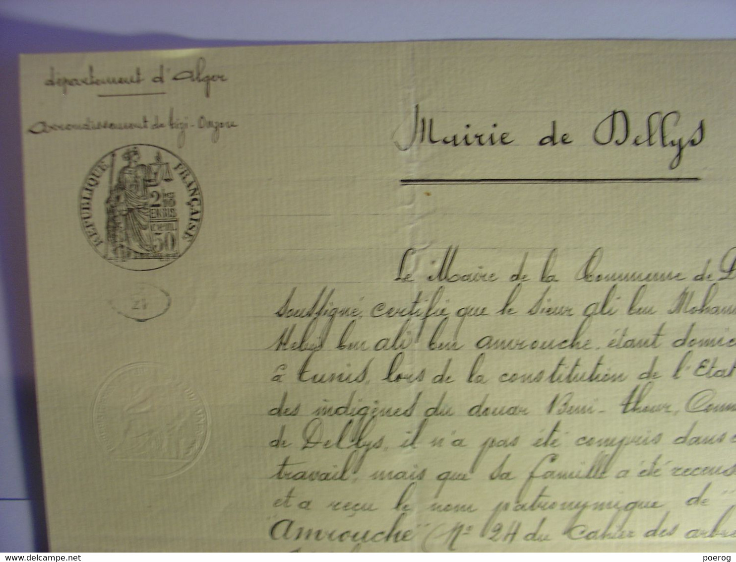 ACTE OFFICIEL De 1897 - DELLYS ALGERIE - AMROUCHE - TUNIS CONSITUTION ETAT CIVIL DOUAR BENI THOUR - MAIRIE - Manuscritos