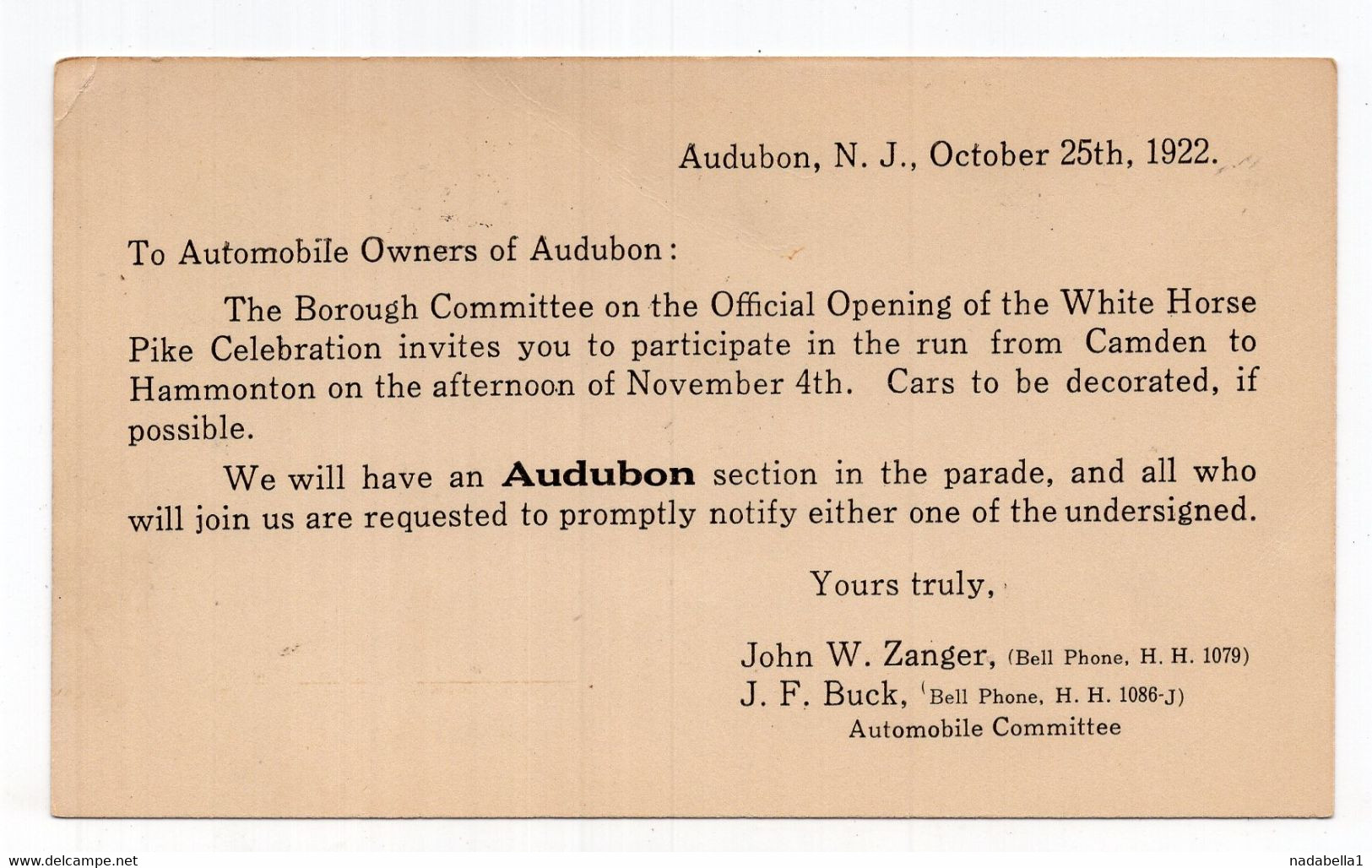 1922 USA,AUDUBON,1 CENT STAMPED STATIONERY CARD,AUDUBON CAR RACE,OWNERS INVITATION TO ATTEND - 1921-40