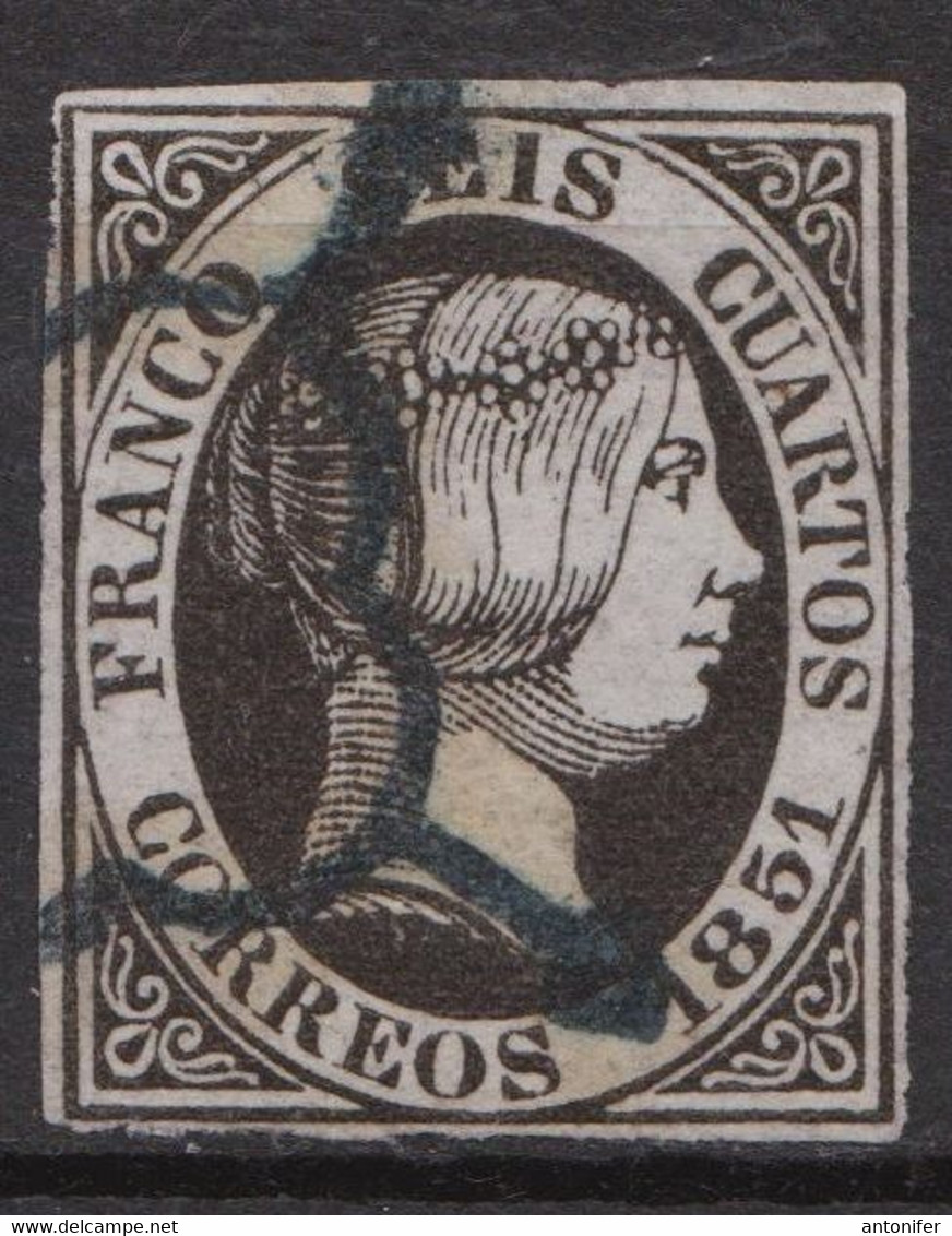 1851 Edifil 6 Isabel II 6c. Araña En Azul - Oblitérés