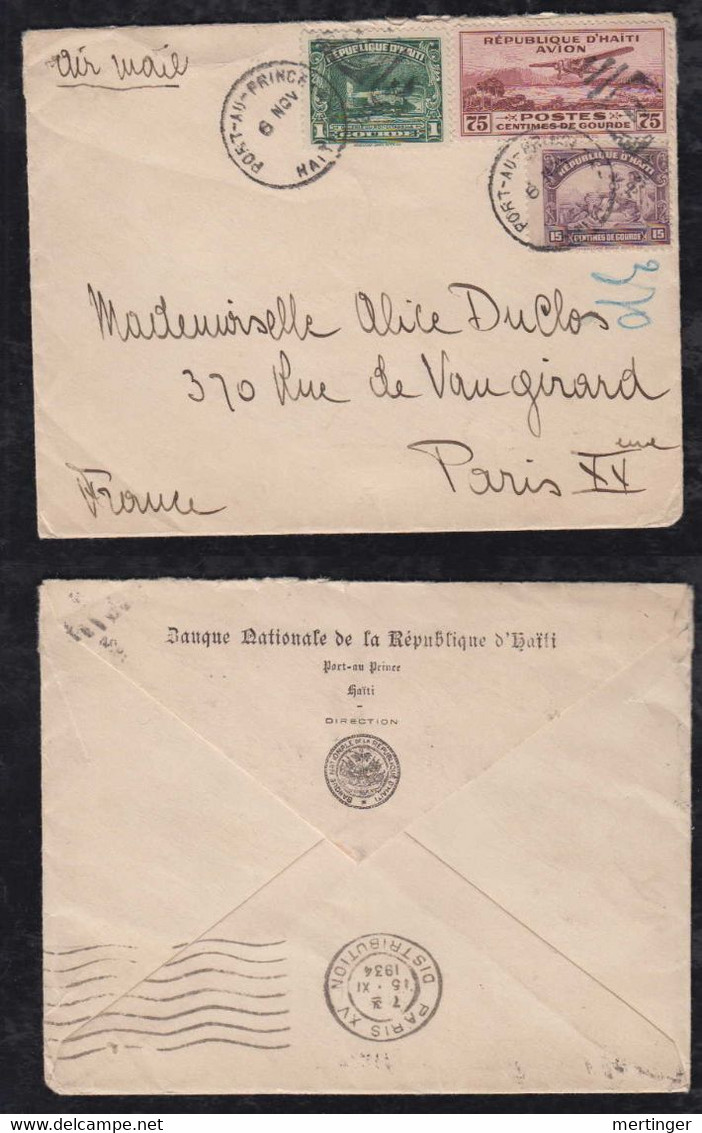 Haiti 1934 AIRMAIL Cover To PARIS From National Bank - Haïti