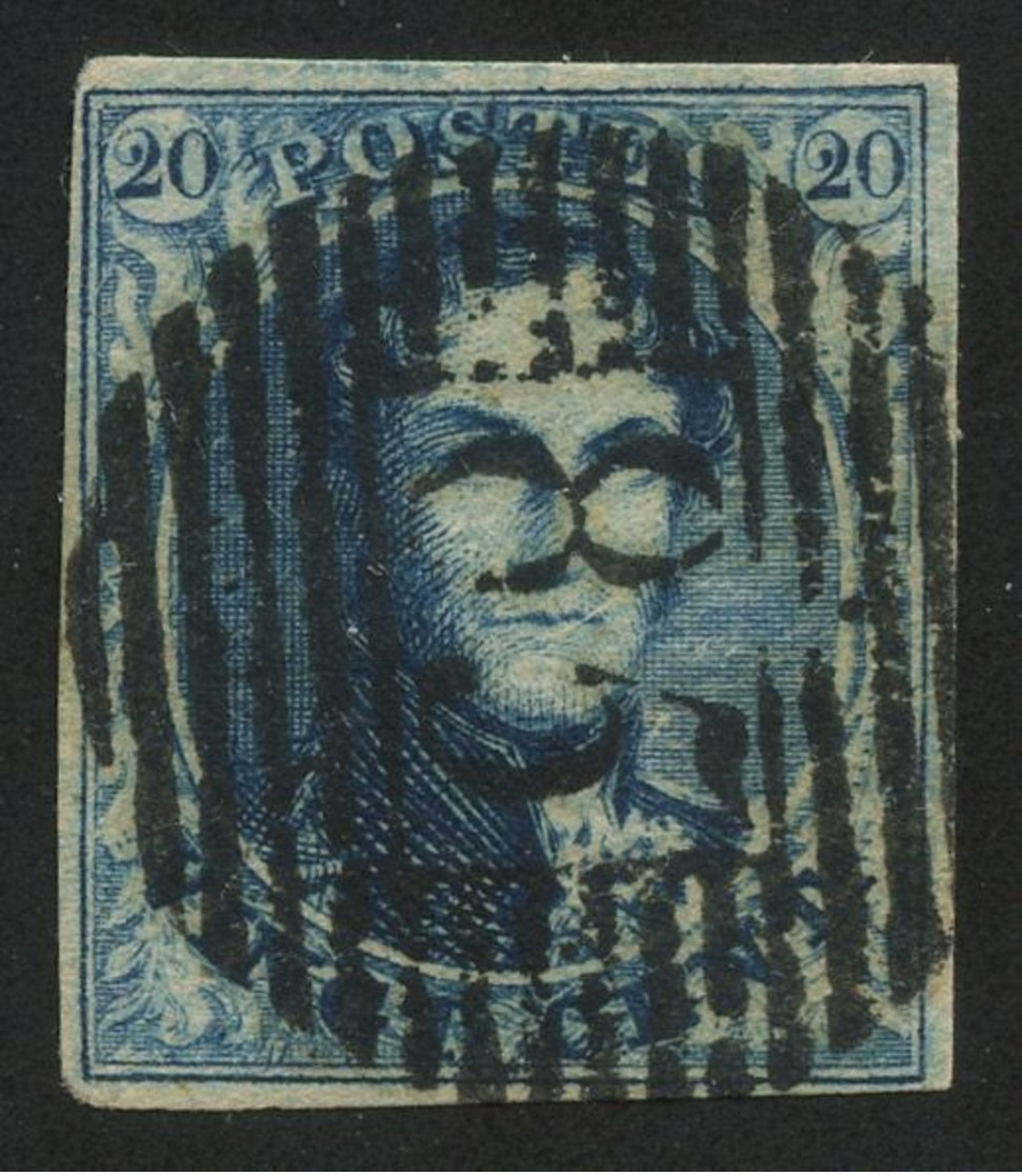 Belgium 1851 Medaillons Wtm. Un-framed "LL" 20c Blue With Perception Postmark "85" (NAMUR), Perfect, COB 7 - 1851-1857 Medaillons (6/8)