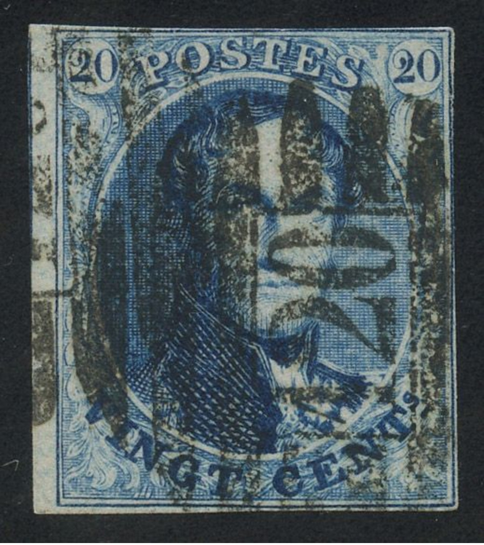 Belgium 1858 Medaillons Un-watermarked 20c Blue With 8-BAR Perception Postmark "120" (TOURNAY), Perfect, COB 11A - 1858-1862 Medallions (9/12)