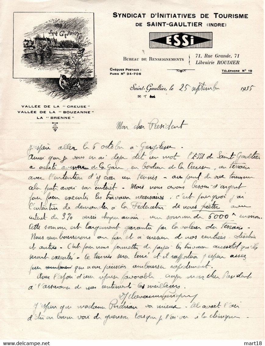 Lettre Illustrée De 1935 - Syndicat D' Initiative De SAINT-GAULTIER (36) ESSI - Pas Carte Postale - - Other & Unclassified