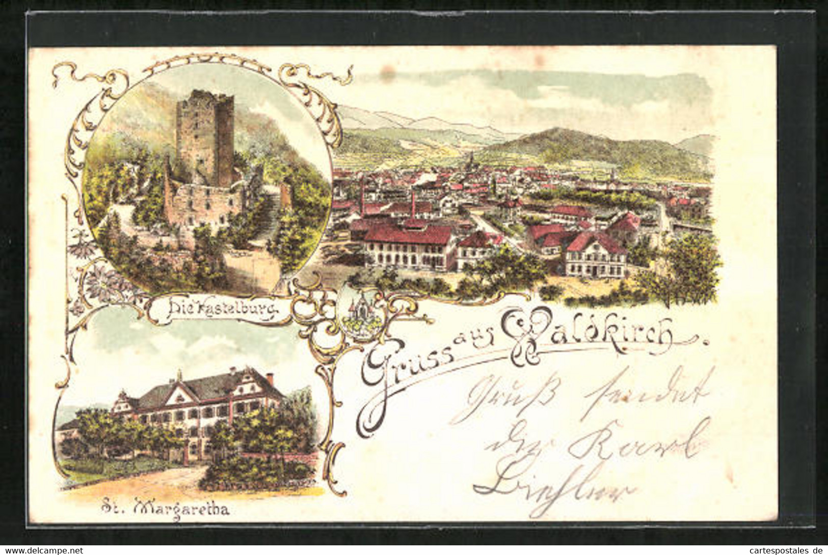 Lithographie Waldkirch, Teilansicht, Die Kastelburg, St. Margaretha - Waldkirch