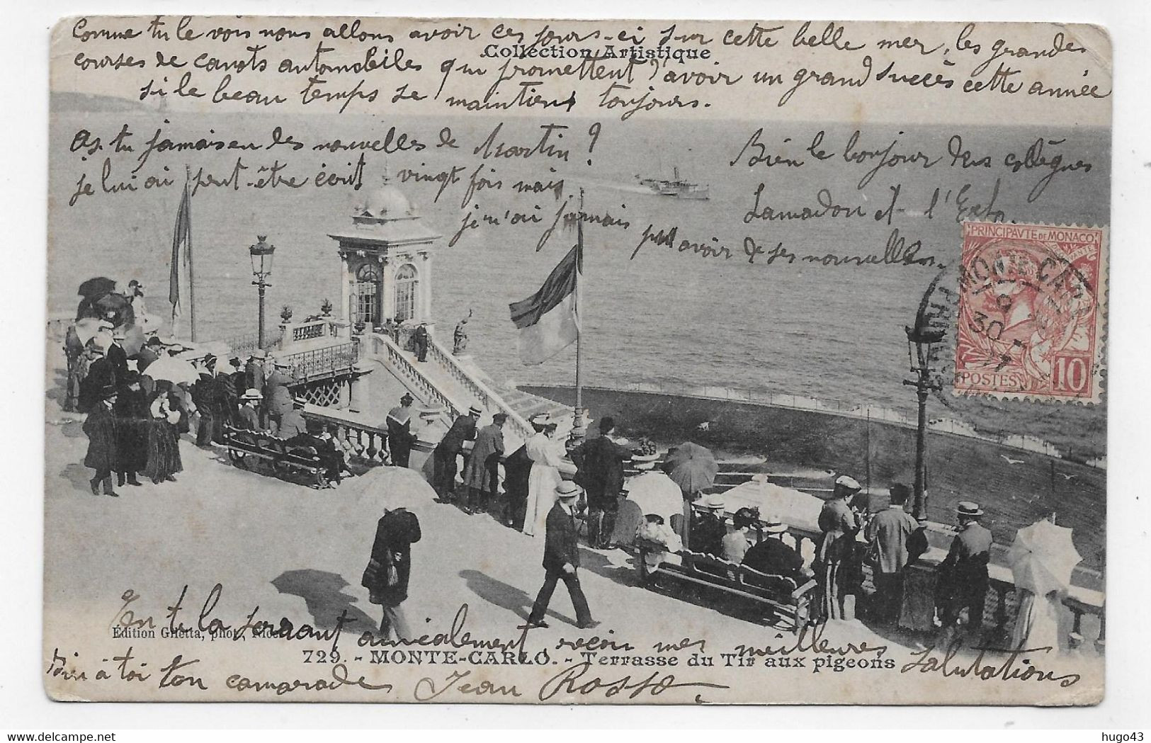 (RECTO / VERSO) MONTE CARLO EN 1907 - N° 729 - TERRASSE DU TIR AUX PIGEONS - BEAU TIMBRE ET CACHET DE MONACO - CPA - Les Terrasses