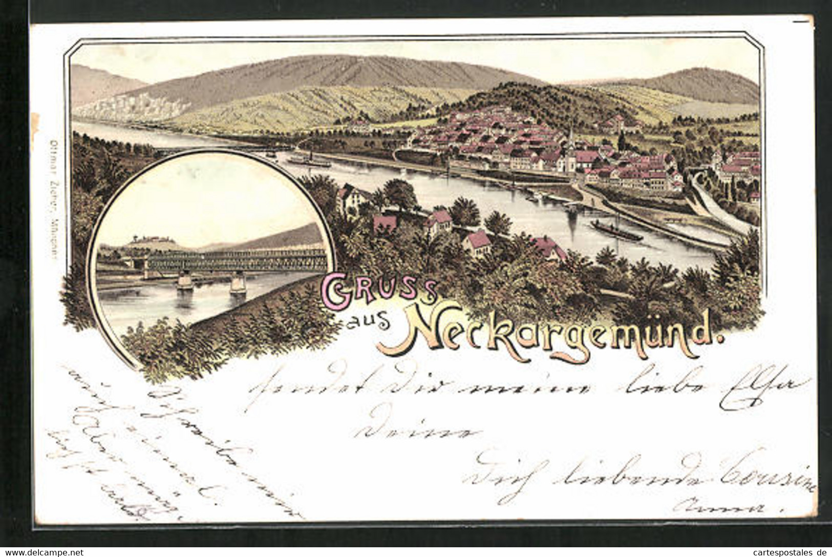 Lithographie Neckargemünd, Totalansicht Mit Fluss - Neckargemünd