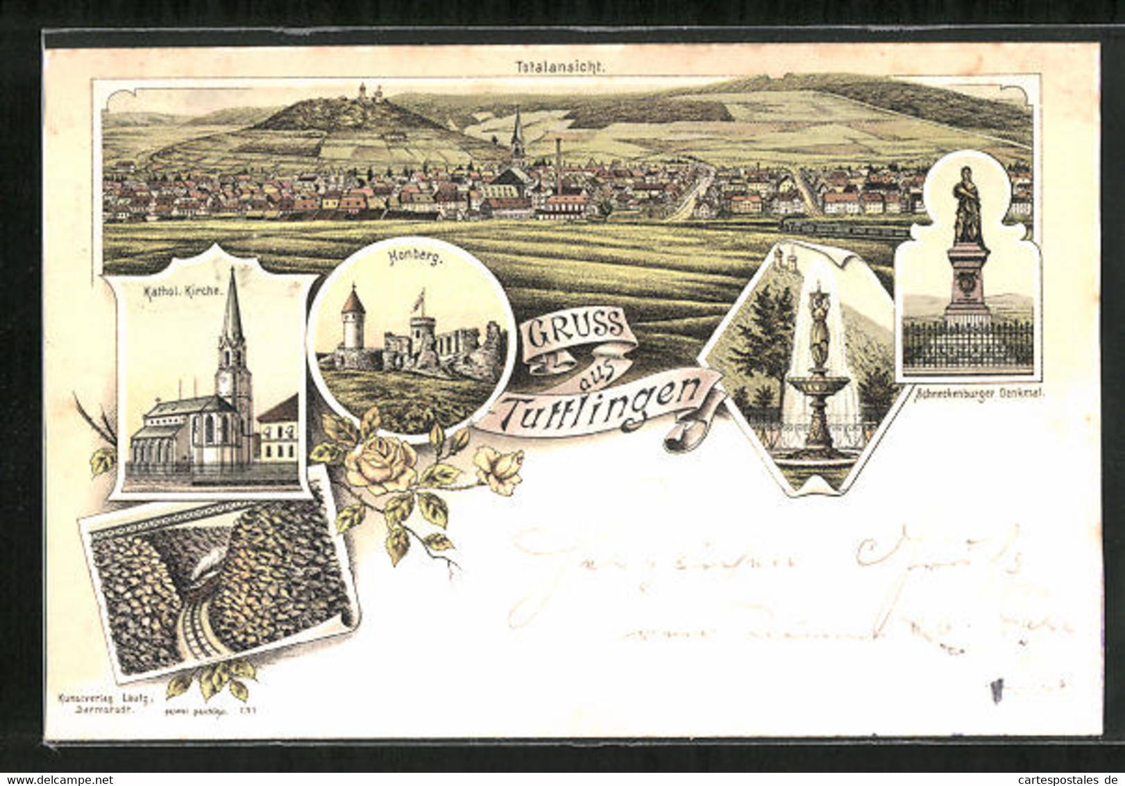 Lithographie Tuttlingen, Kathol. Kirche, Honberg, Schneckenburger Denkmal - Tuttlingen