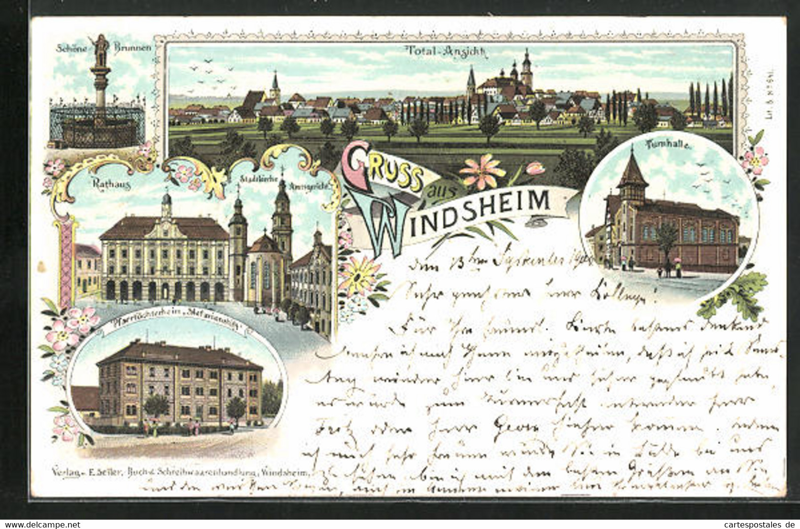 Lithographie Windsheim, Rathaus, Schöne-Brunnen, Pfarrtöchterheim Stefanienstift - Bad Windsheim