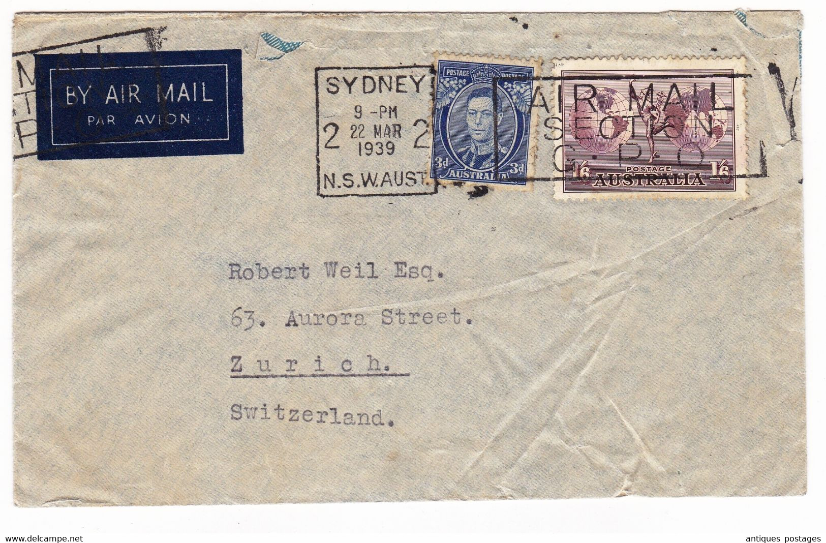 Lettre Australie 1939 Sydney Australia Air Mail Zurich Switzerland Suisse - Brieven En Documenten