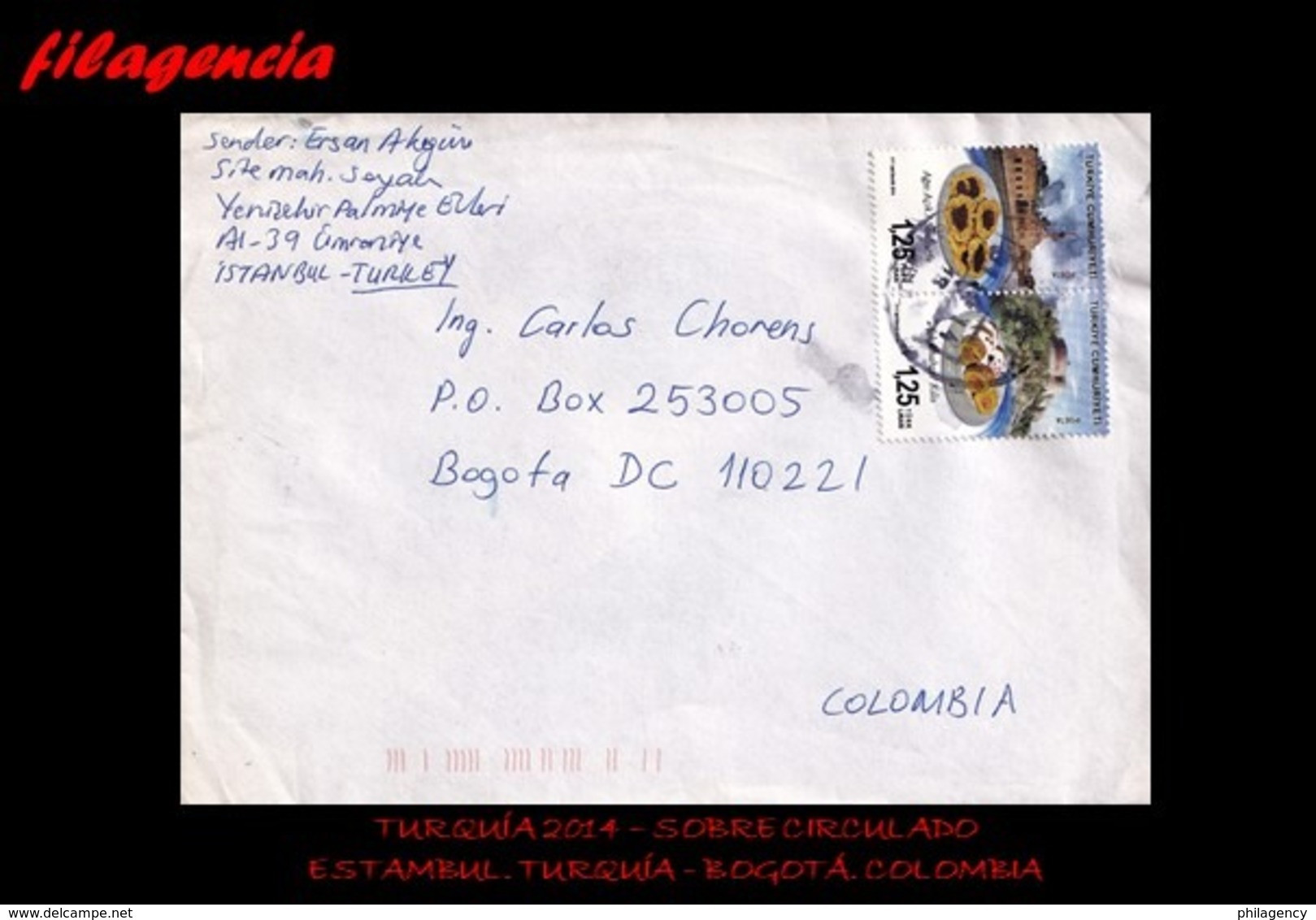 EUROPA. TURQUÍA. ENTEROS POSTALES. SOBRE CIRCULADO 2014. ESTAMBUL. TURQUÍA-BOGOTÁ. COLOMBIA. COMIDAS TRADICIONALES - Cartas & Documentos