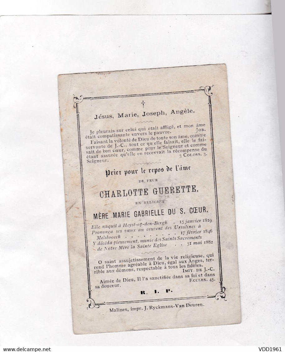 -  Eerwaarde Zuster C.GUERETTE °HEIST OP DEN BERG 1819 +Urselinnenklooster  1882 MELSBROEK - Devotion Images