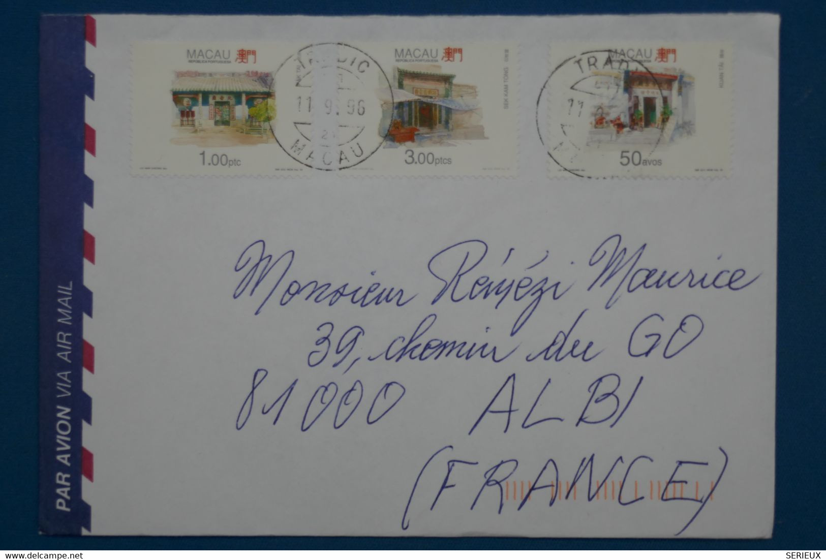 W12 CHINA MACAU BELLE LETTRE   1996 CHINE VOYAGEE POUR ALBI FRANCE+ AFFRANCH. PLAISANT - Cartas & Documentos
