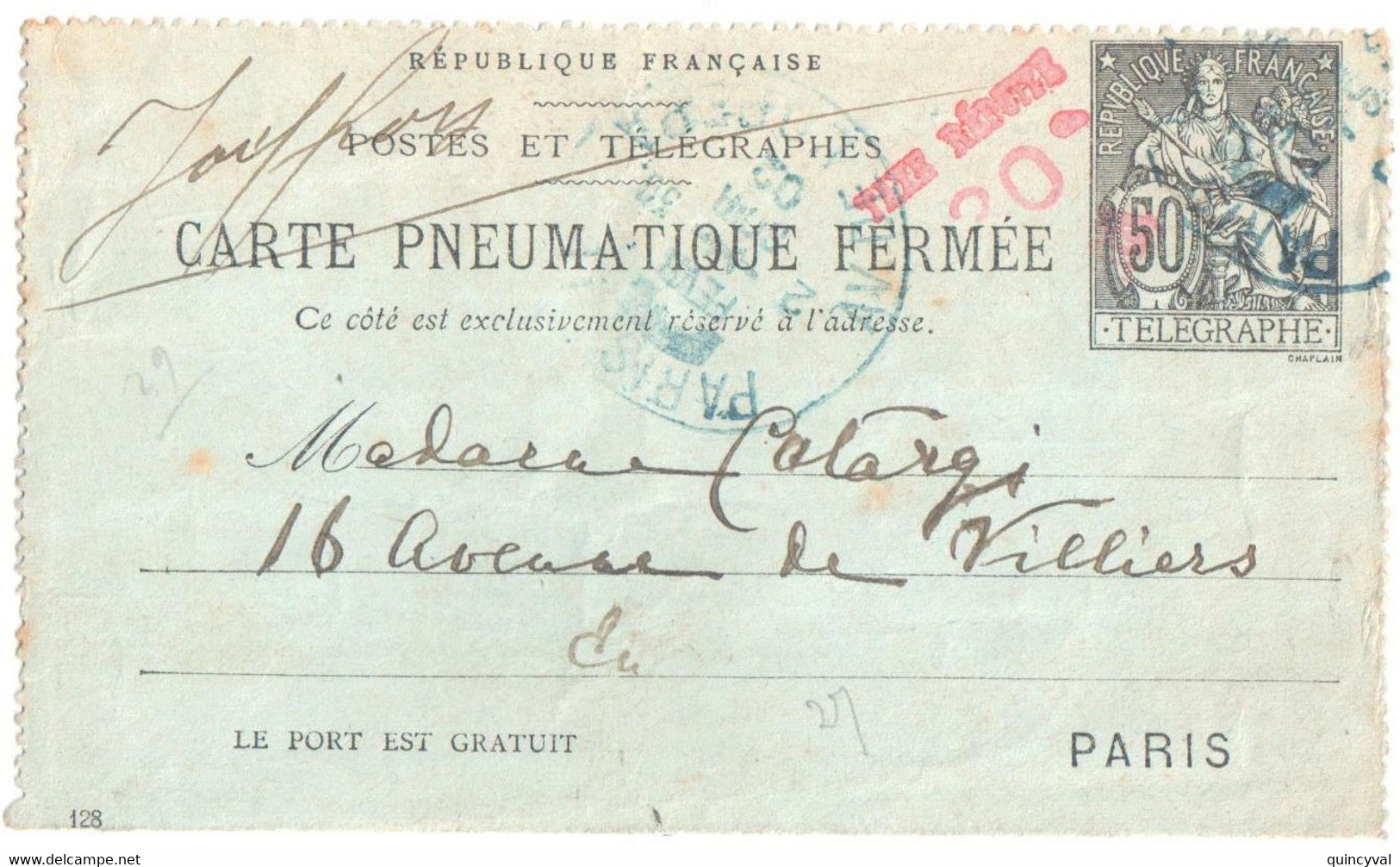 PARIS 11 AV OPERA Entier Postal Carte Lettre Pneumatique 50c Chaplain Noir Dos 5 Lignes Mill 128 Yv 2564 E26 Ob 1902 - Pneumatische Post