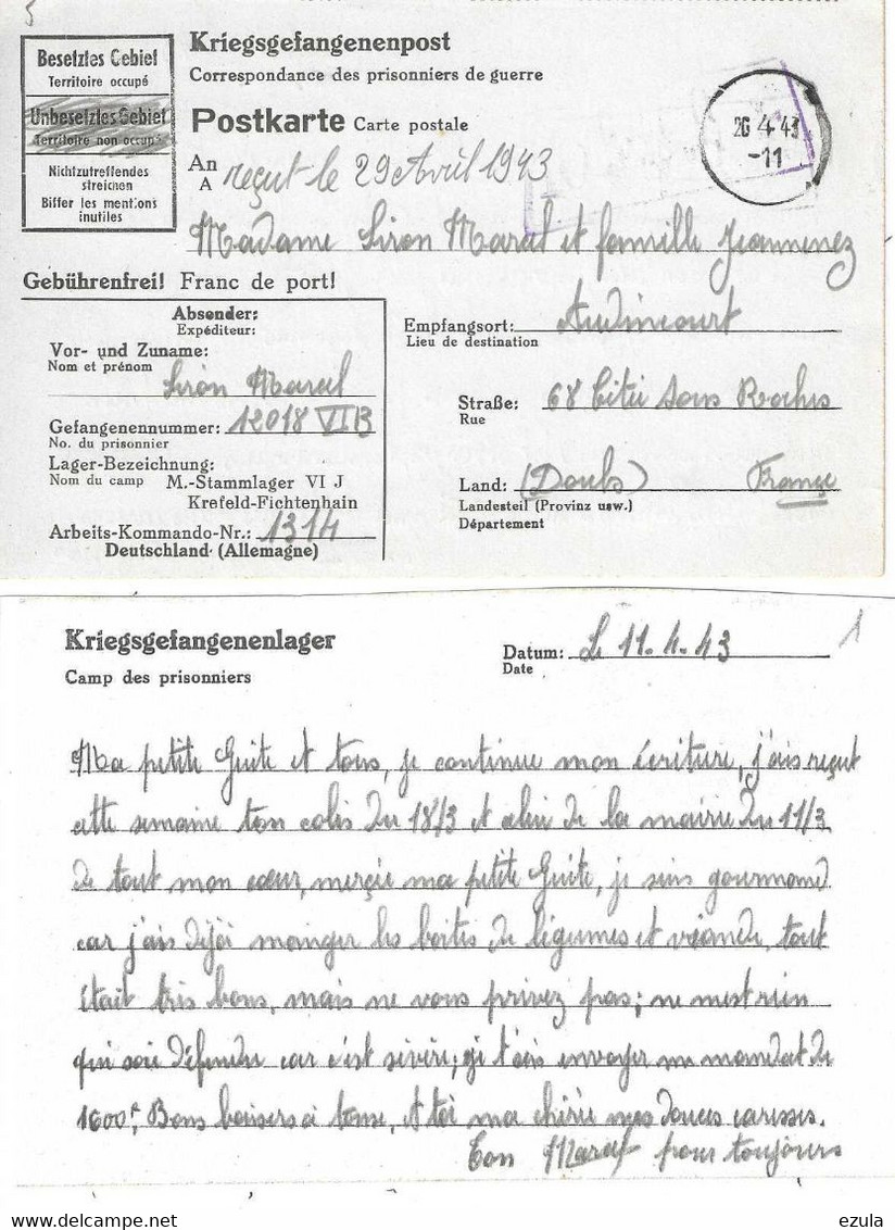 Courrier De Prisonniers Français En Allemagne Pour Territoire Occupé - Ungebraucht