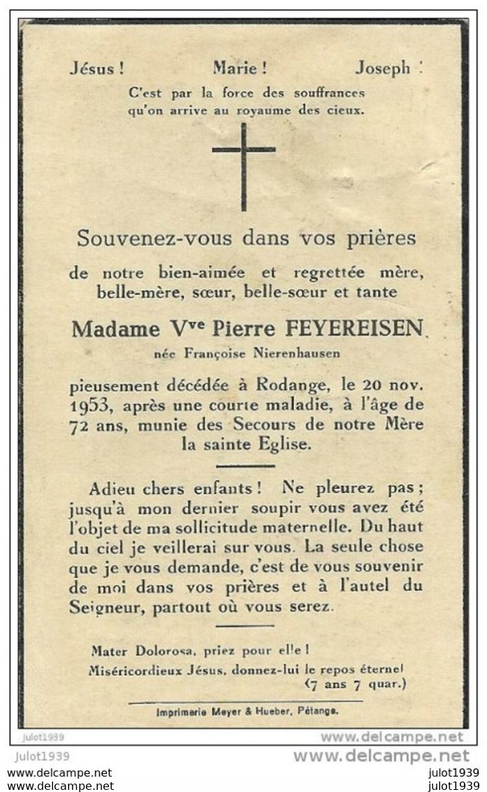 RODANGE ..-- Mme Françoise NIERENHAUSEN , Veuve De Mr Pierre FEYEREISEN , Née En 1881 , Décédée En 1953 . - Rodingen