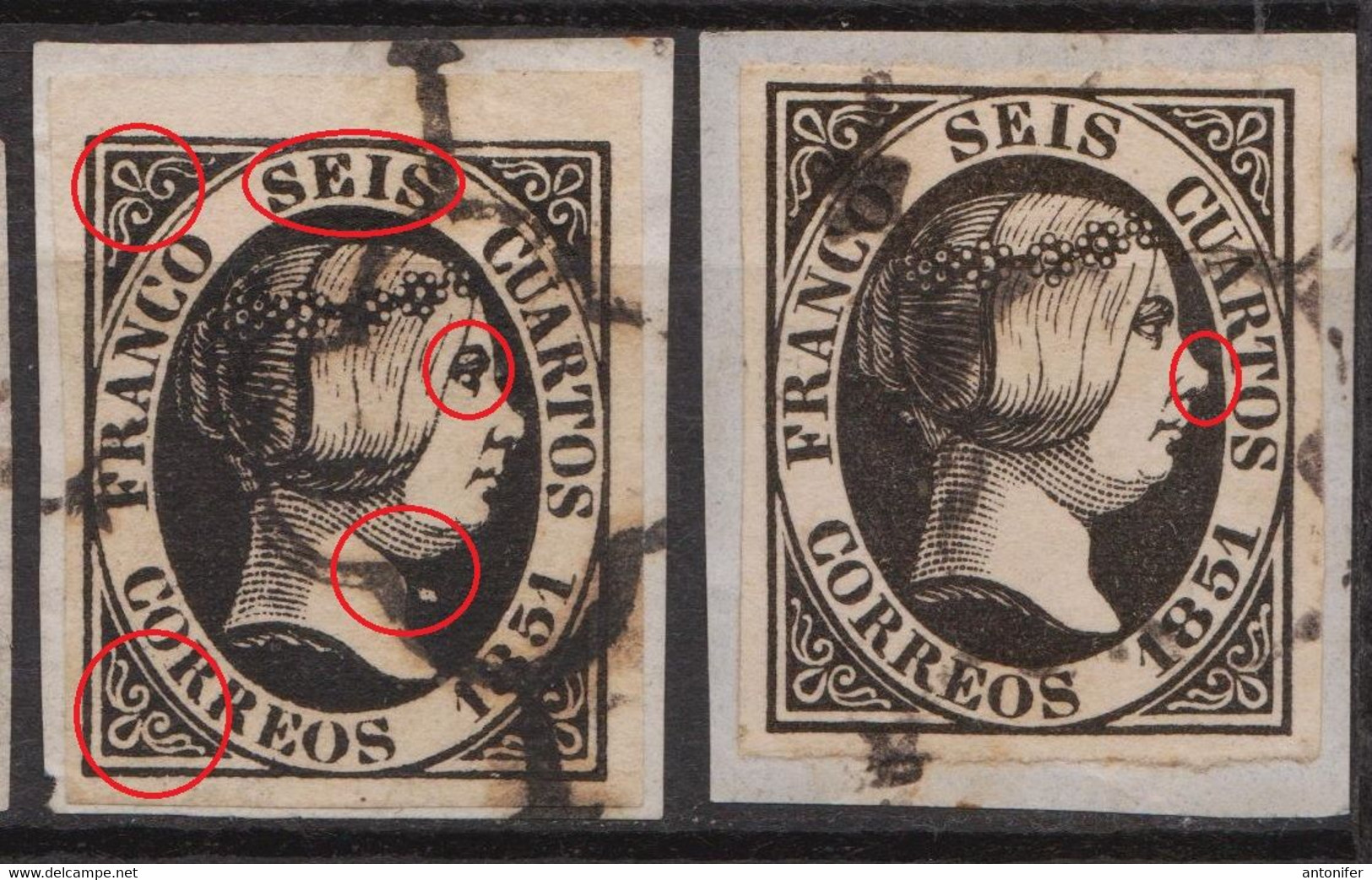 1851 Edifil 6 Isabel II 6c. En Fragmento Para Estudio 2 Fotos - Oblitérés