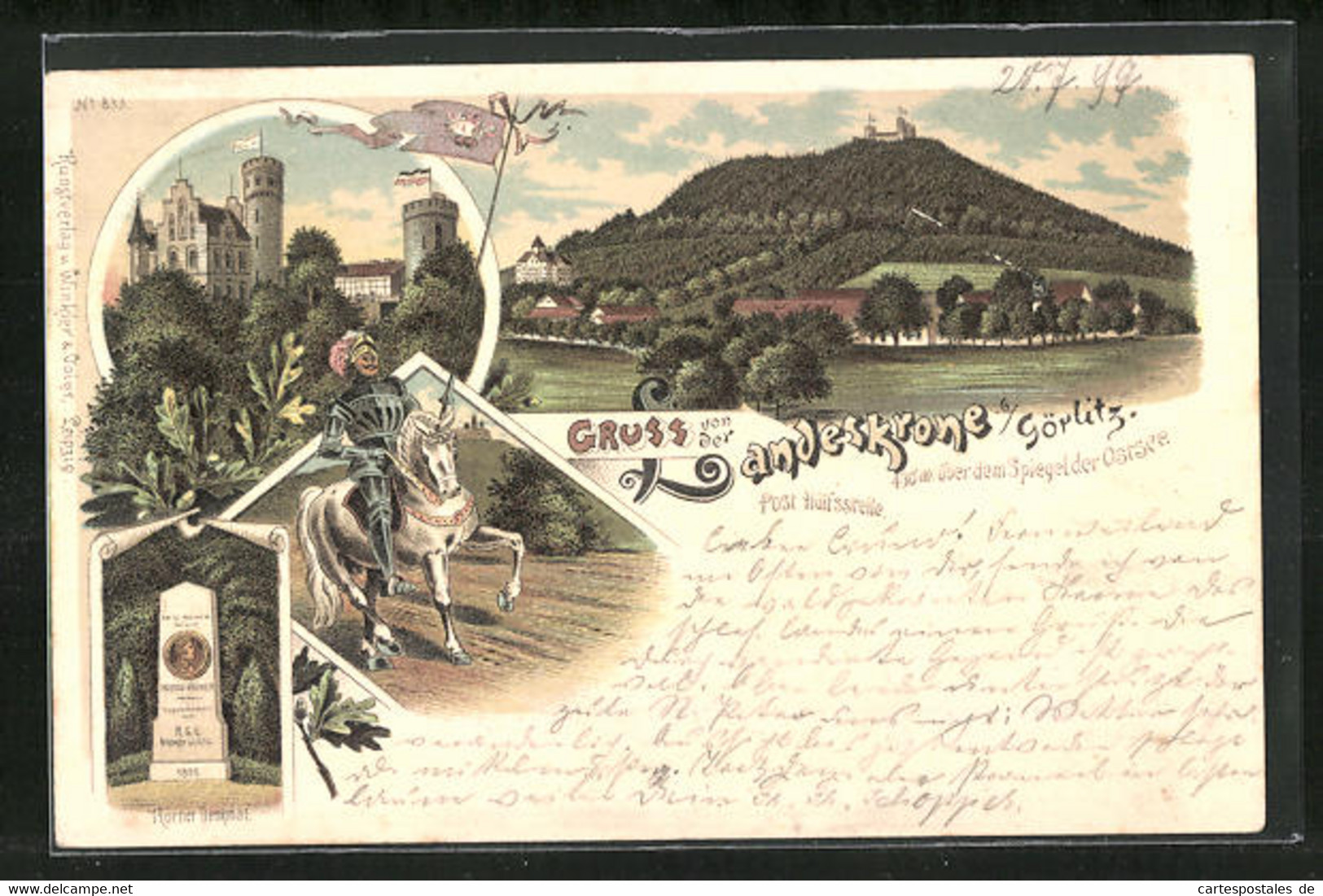 Lithographie Görlitz, Restaurant Landeskrone Mit Burg, Ritter Mit Fahne, Körner Denkmal - Goerlitz