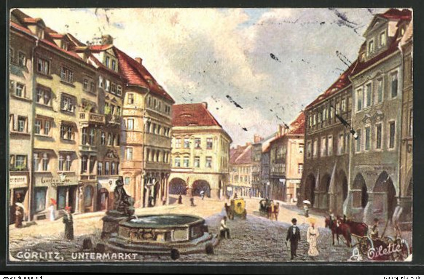 Künstler-AK Görlitz, Untermarkt Mit Geschäften Und Brunnen - Goerlitz