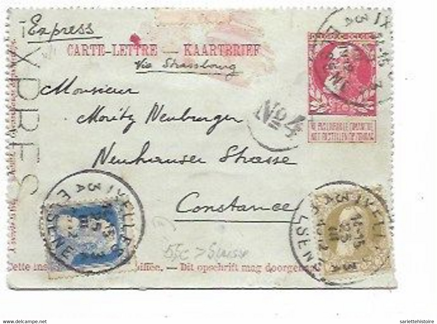 SH 0974. CL GR. BARBE 10c + TP 75-76 C1c IXELLES 3/A  25.III.1912 En EXPRES V. KONSTANZ. Affr. 55c. TB - Cartas-Letras