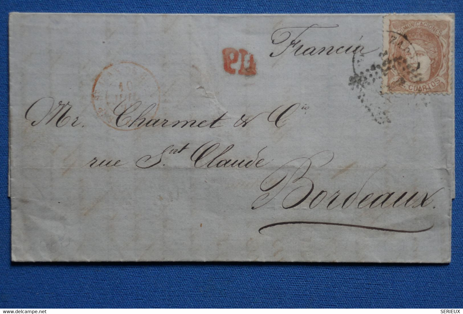 W15 ESPAGNE BELLE LETTRE   1874  POUR BORDEAUX FRANCE  + AFFRANCH. INTERESSANT - Covers & Documents