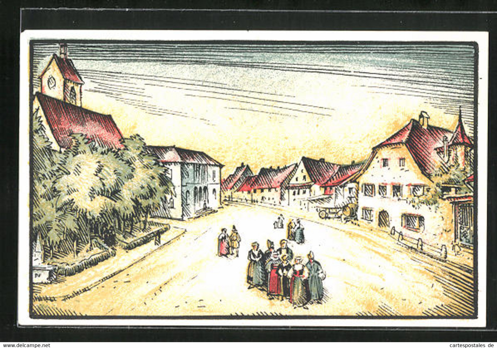 Künstler-AK Riehen, Ortspartie An Der Kirche - Riehen