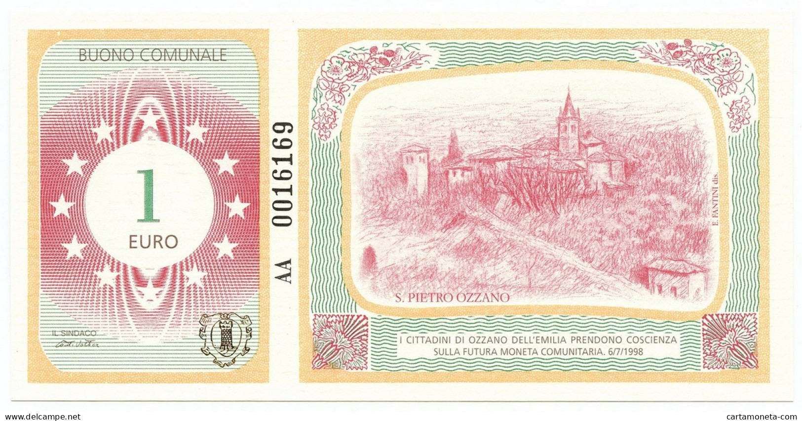 1 EURO BUONO COMUNALE SAN PIETRO OZZANO 06/07/1998 FDS - [ 7] Errores & Variedades