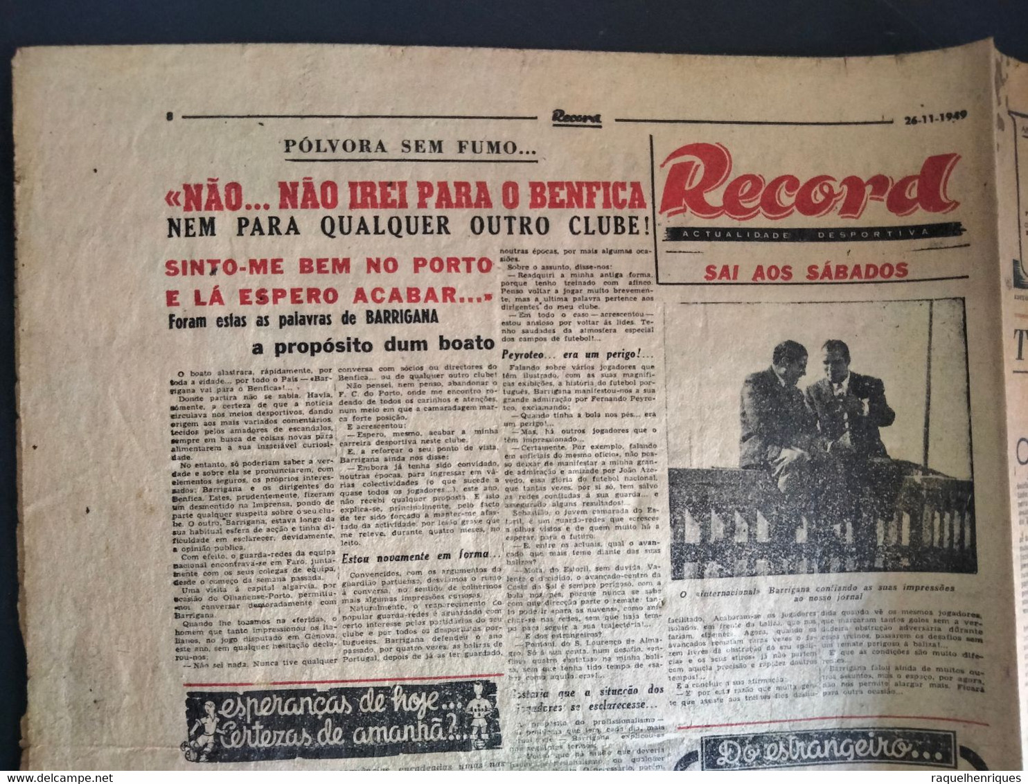 JORNAL RECORD Nº 1 - 26 De NOVEMBRO 1949 - 8 PAGINAS DESDOBRAVEL - RARO - Sports