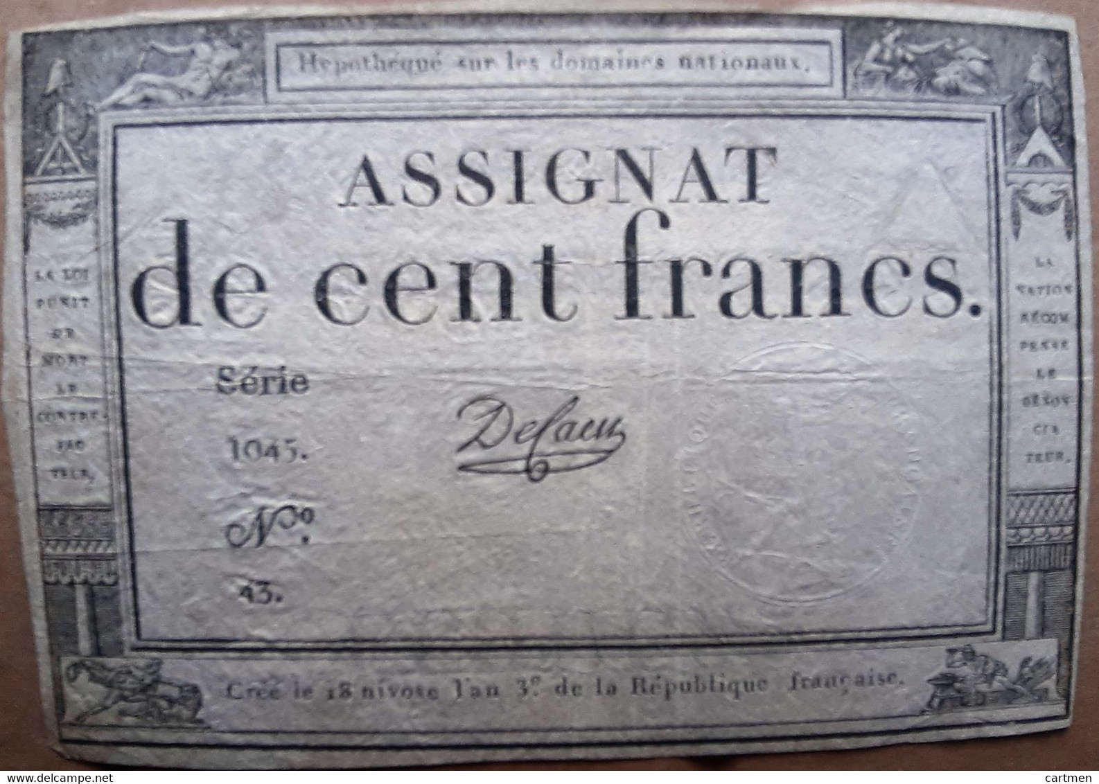 ASSIGNATS TROIS BILLETS ANCIENS 50 LIVRES ET 100 FRANCS BON ETAT ANNEE 1792 AUTHENTIQUES D'EPOQUE DOS VIERGES - Assignate