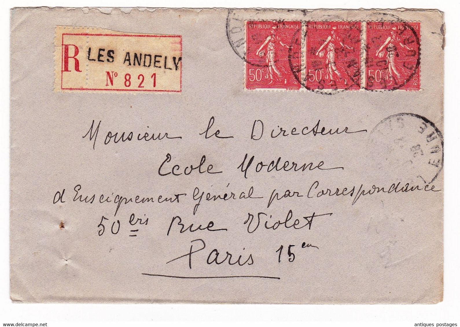 Lettre Recommandée 1920 Les Andelys Eure Semeuse 50c Bande De 3 - 1903-60 Semeuse Lignée