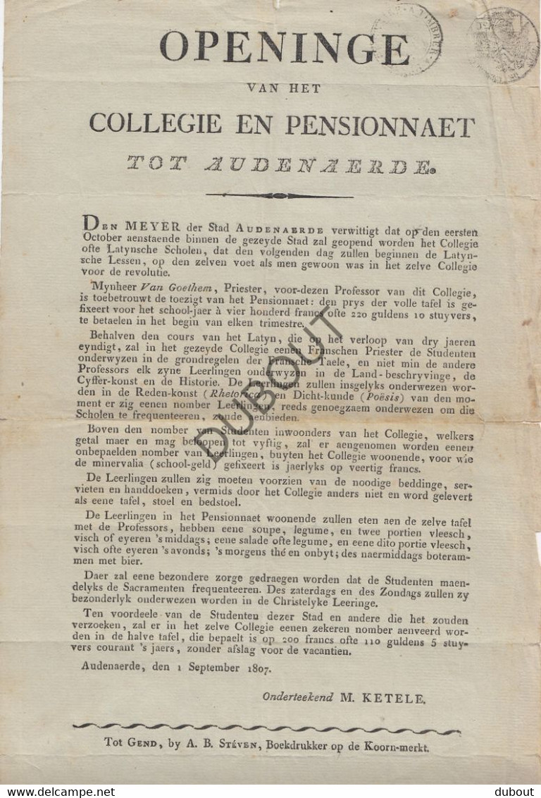 OUDENAARDE - Pamflet Opening Collège En Pensionnaat - 1807 - Steven, Gent (U989) - Historische Dokumente