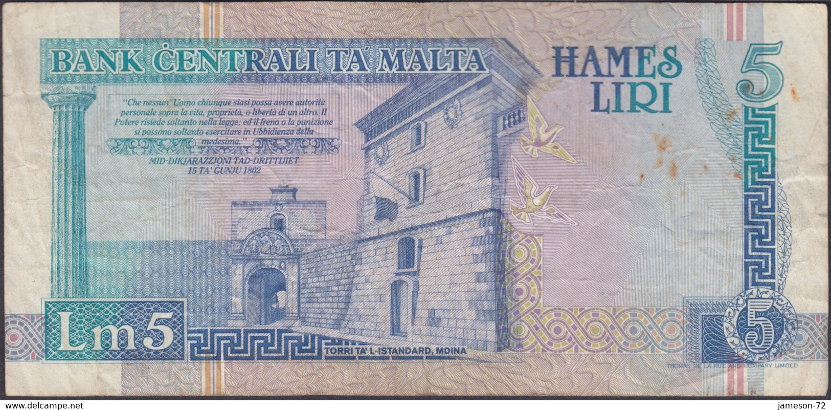 MALTA - 5 Liri L.1967 (1994) P# 46 Europe Banknote - Edelweiss Coins - Malta