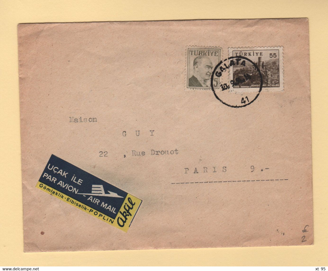 Turquie - Galata - Par Avion Destination France - 1954 - Other & Unclassified