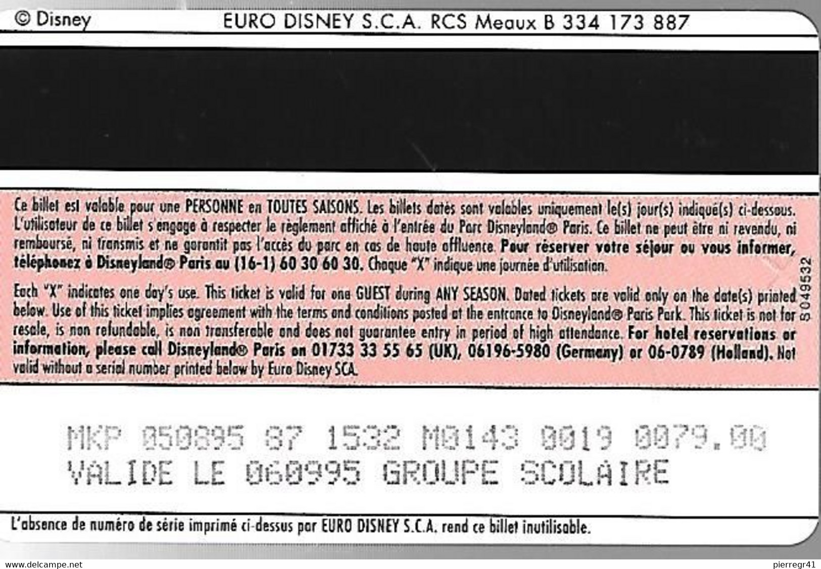 PASS-DISNEYLANDPARIS -1996-SPACE MOUNTAIN-ADULTE-V°Groupe Scolaire N° S 049532 VERTICAL A Droite-TBE- - Disney-Pässe