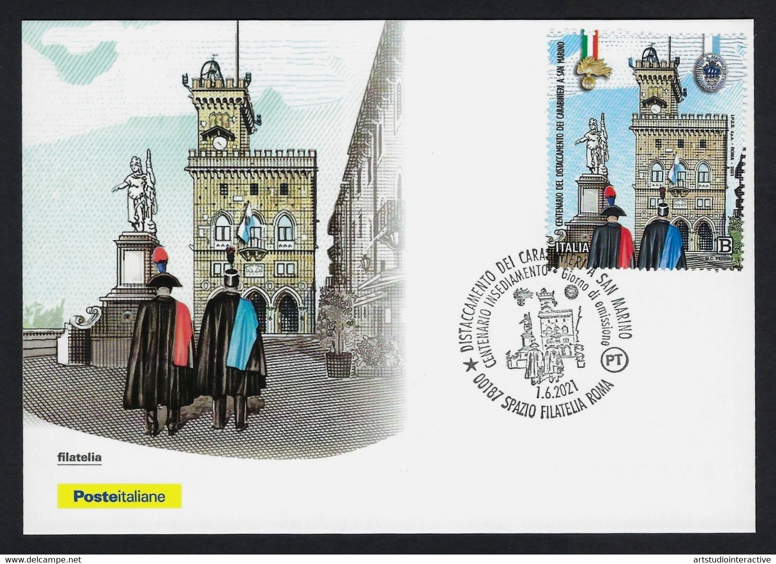 2021 ITALIA "CENTENARIO DISTACCAMENTO CARABINIERI A SAN MARINO / CONGIUNTA SAN MARINO" CARTOLINA FILATELICA (ANN. ROMA) - FDC