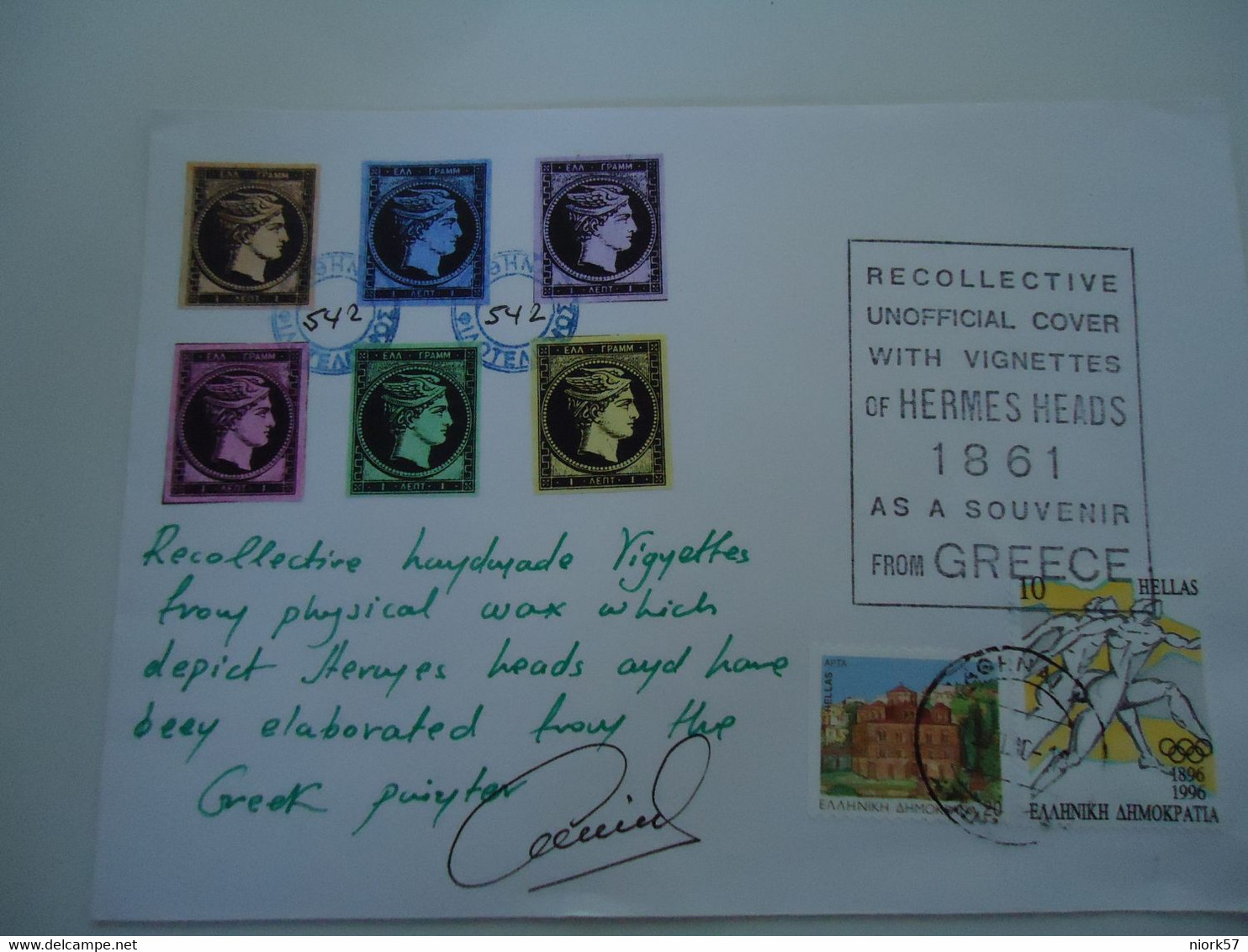 GREECE COMMEMORATIVE  COVER 1996  WITH VIGNETTE  HERMES HEADS 1861 - Lettres & Documents