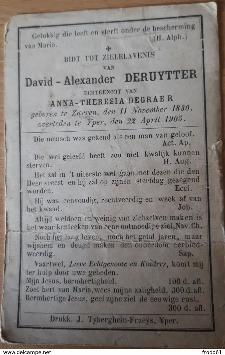 Doodsprentje DAVID ALEXANDER DERUYTTER, ZARREN 1830 - YPER, IEPER 1905 - Devotion Images