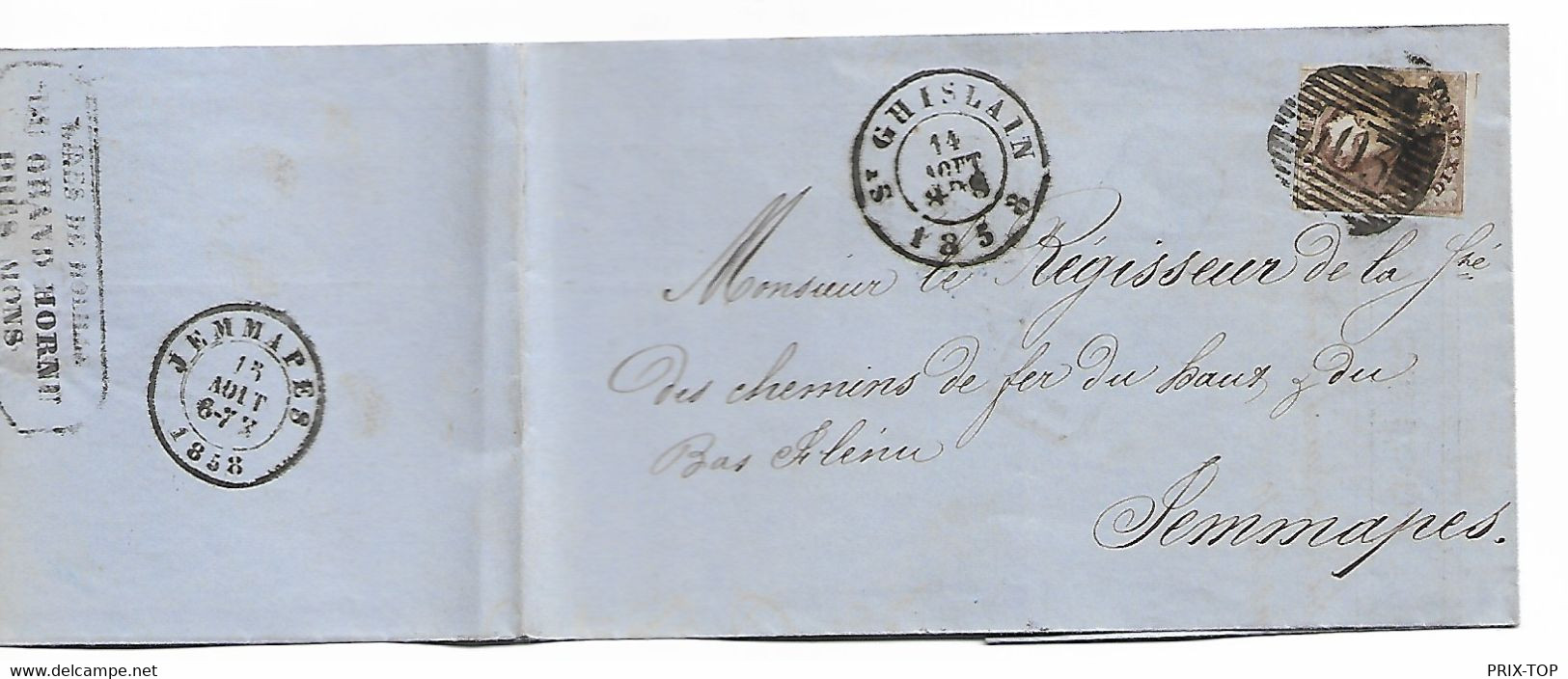 REF4611/ TP 6 4 Marges S/LAC C.St Ghislain 14/8/1858 Obl.à Barres 103 > Jemmapes C.d'arrivée - Postmarks - Lines: Perceptions