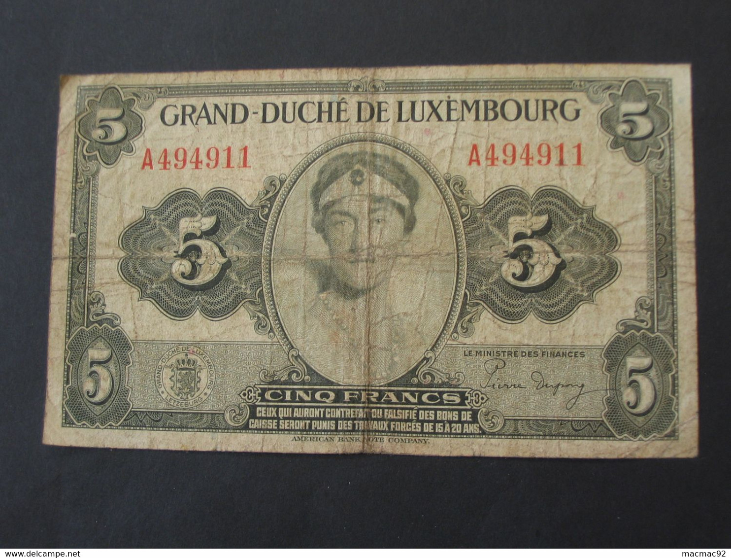 5 Francs -  FENNEF FRANG  GRAND DUCHE DE LUXEMBOURG   **** EN  ACHAT IMMEDIAT  **** - Luxemburg