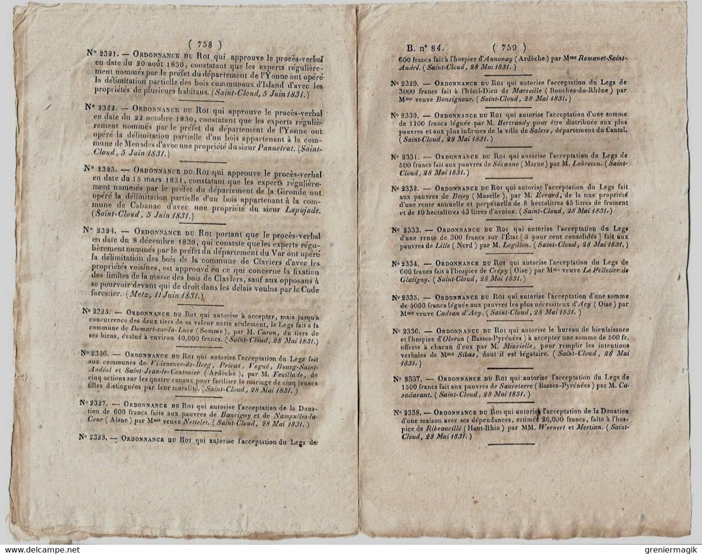 Bulletin Des Lois N°84 1831 Maison Des Pauvres Et Orphelins De Lunéville/Prix Des Grains/Service De L'habillement... - Décrets & Lois
