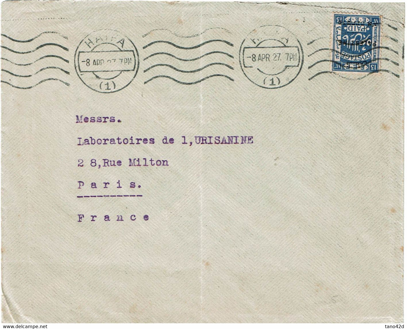 LMM14B - PALESTINE 13m SURCHARGE SUR LETTRE HAIFA / PARIS 8/4/1927 - Palestine